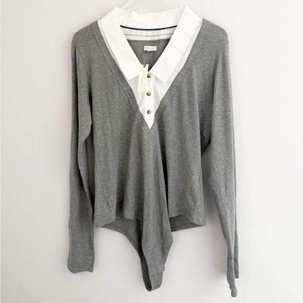 Anthropologie Pilcro Gray Collared Bodysuit - Picture 2 of 6